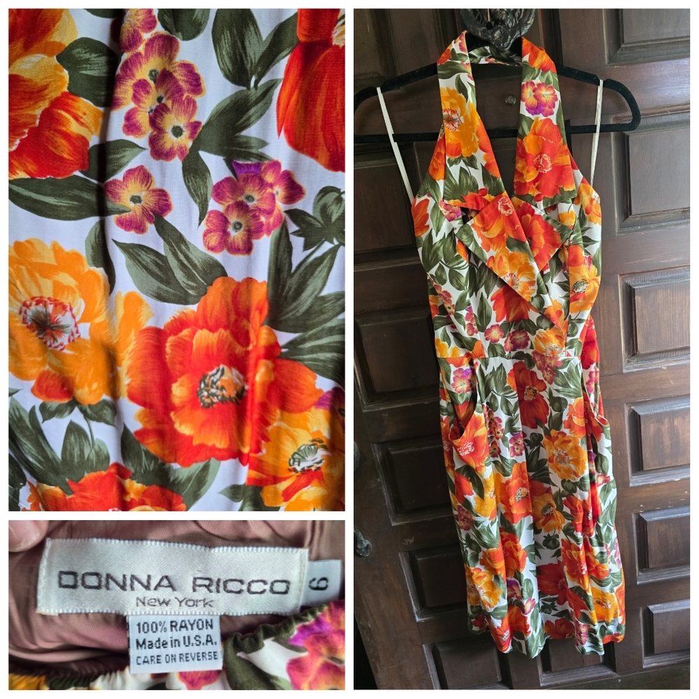 Vintage Donna Ricco Bold Floral Collared Halter Dress, Belted, Size 6